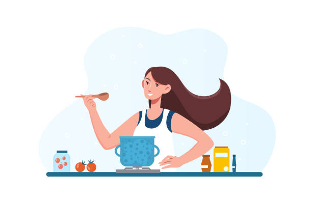 stockillustraties, clipart, cartoons en iconen met vrouw die dieet vegetarische soep in keuken kookt - thuisbereiding