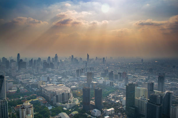 Bangkok, Thailand - January 19,2019 : high angle view of urban skyline in heart of Bangkok view from Baiyoke Sky Tower formerly highest building in Thailand