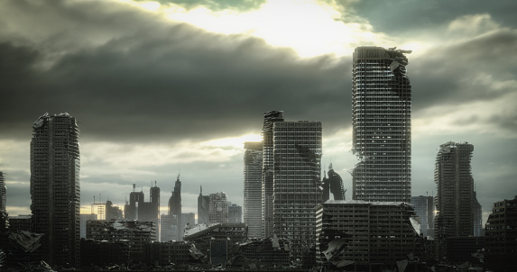 Digitally generated post apocalyptic scene depicting a desolate urban landscape with tall buildings in ruins and mostly cloudy sky.\n\nThe scene was created in Autodesk® 3ds Max 2020 with V-Ray 5 and rendered with photorealistic shaders and lighting in Chaos® Vantage with some post-production added.