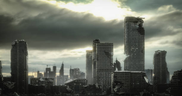 Post Apocalyptic Urban Landscape Digitally generated post apocalyptic scene depicting a desolate urban landscape with tall buildings in ruins and mostly cloudy sky.

The scene was created in Autodesk® 3ds Max 2020 with V-Ray 5 and rendered with photorealistic shaders and lighting in Chaos® Vantage with some post-production added. ruined stock pictures, royalty-free photos & images