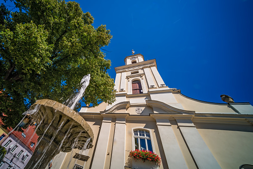 Świebodzice church tower above the City Hall building in summer Poland