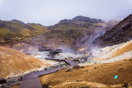 Wooden path of Seltun geothermal area, Krysuvik, Reykjanes Peninsula, Iceland. Icelandic volcanic hot springs