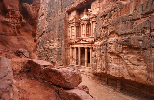 Front of Al-Khazneh Treasury temple carved in stone wall - main attraction in Lost city of Petra.