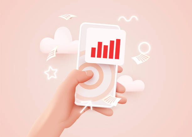 istock Hand holds mobile phone. Market trend analysis on smartphone with line chart and graphs. Design infographic, statistics on screen. Mobile technology concept. 1309969037