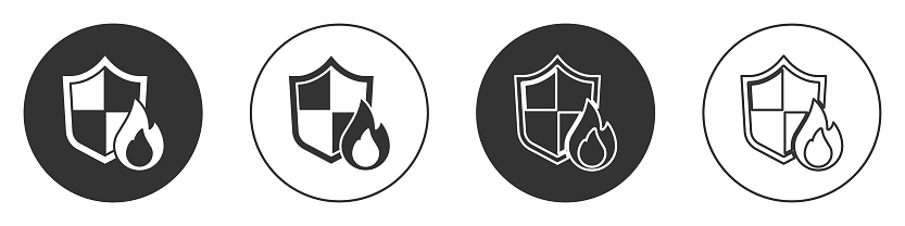 Black Fire protection shield icon isolated on white background. Insurance concept. Security, safety, protection, protect concept. Circle button. Vector.