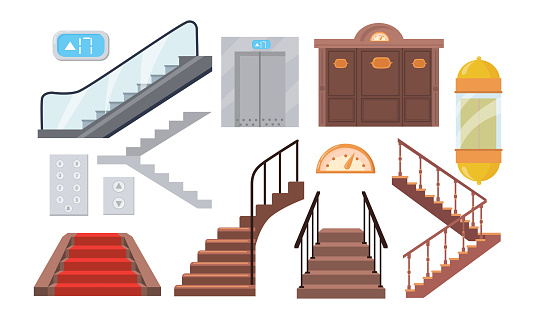 Set of cartoon metal and wood staircases, lifts, escalators. Flat vector illustration. Isolated stairways, elevators on white background. House, modern technology, comfort concept for apps, design
