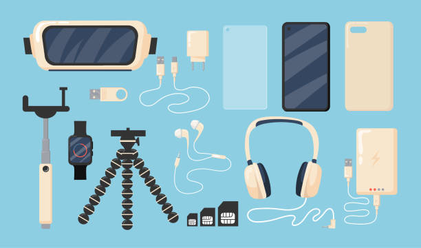 Set of graphic phone accessories flat vector illustration Set of graphic phone accessories flat vector illustration. Isolated smartphone, battery, charger, cover, 3D or VR glasses, watch on blue background. Modern technology concept for apps, banner design cable illustrations stock illustrations