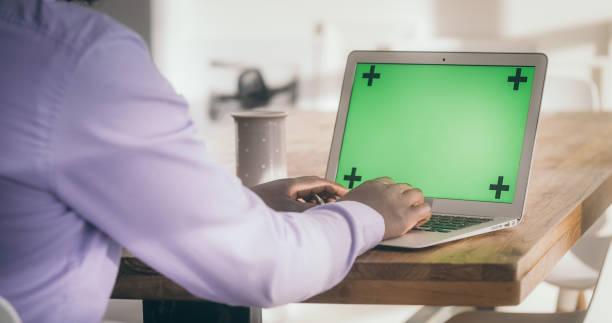 istock Home office video call. Man using laptop. Chroma key 1309971176