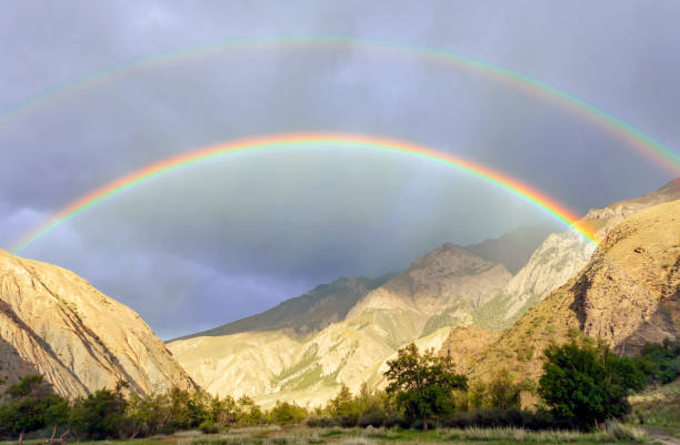 istock Double rainbow and heavy rain over the mountain valley. 1309971579