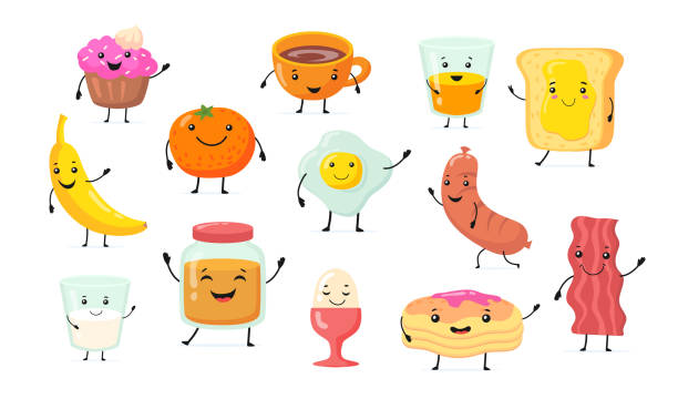 набор милые смешные завтрак питание мультипликационных персонажей - apple cartoon illustration and painting cute stock illustrations