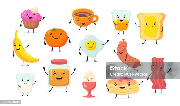 Set Of Cute Funny Breakfast Food Cartoon Characters Stock Illustration -  Download Image Now - iStock