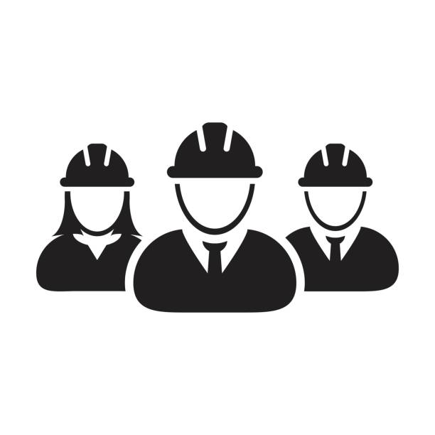 建設労働者のビルダーアイコンベクトルグループは、グリフピクトグラムでハードハットヘルメットで作業チームのためのプロファイルアバター - 作業員点のイラスト素材／クリップアート素材／マンガ素材／アイコン素材