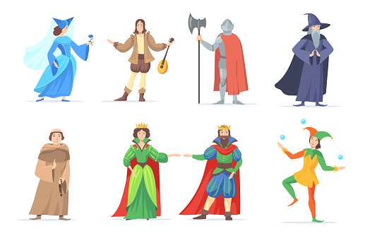 Set of medieval cartoon characters in historical costumes. Flat vector illustration. Fantasy king, queen, princess, wizard, executioner, bard of renaissance period. Fairytale, history concept