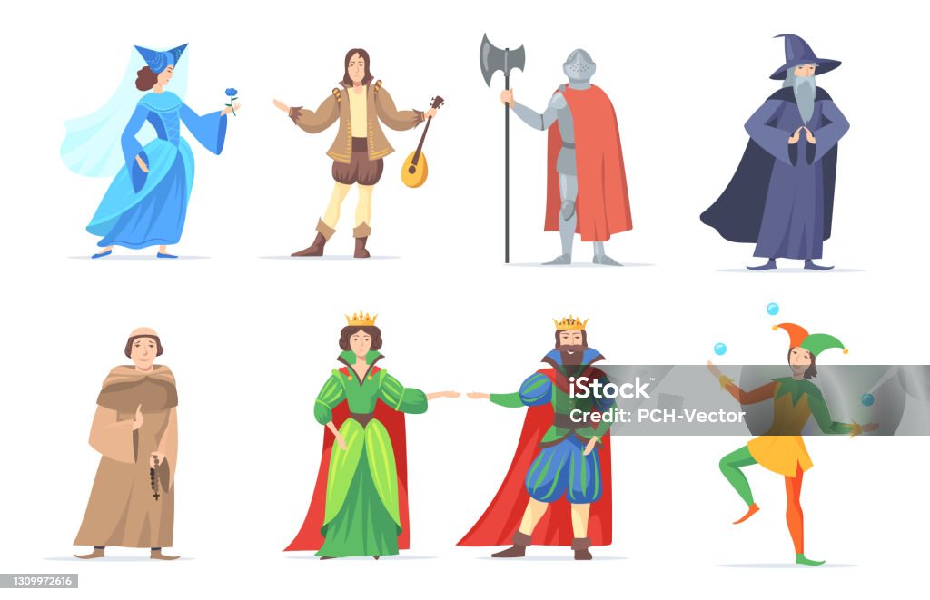 Set Of Medieval Cartoon Characters In Historical Costumes Stock  Illustration - Download Image Now - iStock