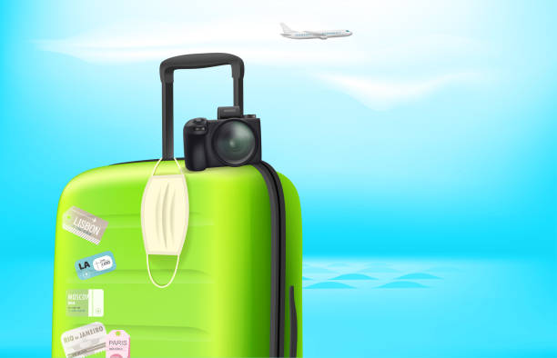 istock Vacation on pandemic. Concept with color plastic suitcase and protection mask. Vector banner with copy space for a text 1309975110