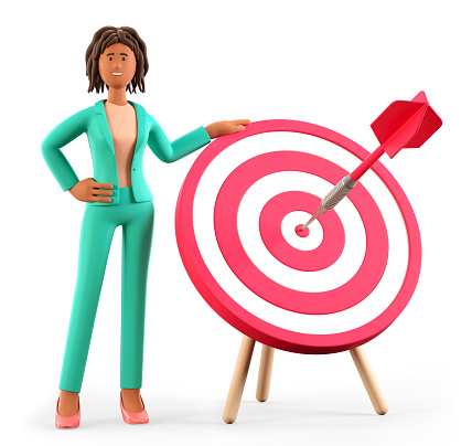 3D illustration of african american woman standing next to a huge target with a dart in the center, arrow in bullseye. Cartoon businesswoman reaching goals. Objective attainment, business purposes.