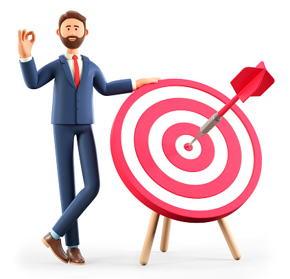 3D illustration of smiling man standing next to a huge target with a dart in the center, arrow in bullseye. Cute cartoon businessman with ok gesture reaching goals. Objective attainment concept.