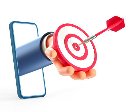 3D illustration of businessman hand through smartphone screen, holding a modern target with dart in the center, arrow in bullseye. Concept of objective attainment, reaching goals, mobile application.