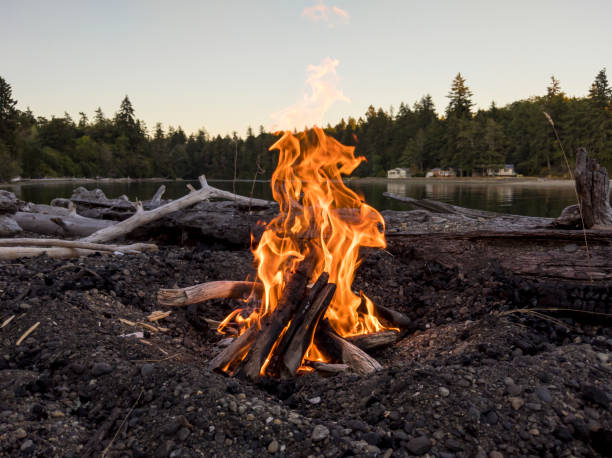istock a bright, lakeside campfire at dusk, perfect for roasting smores 1309975527
