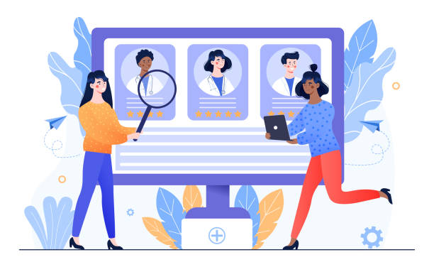 Female characters are choosing doctor online on computer Female characters are choosing doctor online on computer. Concept of doctors team, medical staff portraits. Online service, searching therapist via internet. Flat cartoon vector illustration cartoon of a searching stock illustrations