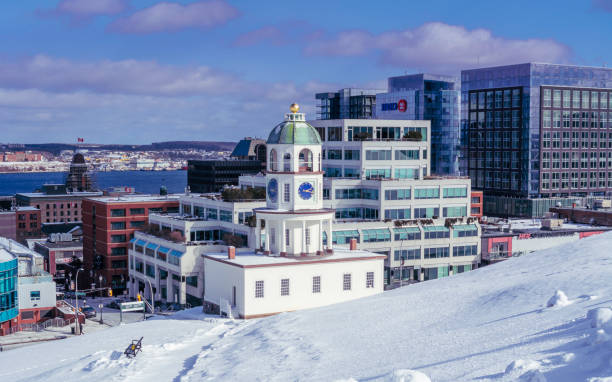 Halifax, Nova Scotia, Canada - February 14, 2020 : Halifax Town Clock the day after a snowfall near the Citadel Hill Fortress, Halifax, Nova Scotia, Canada.