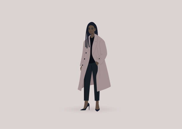 styl ulicy, młoda elegancka kobieta czarna postać ubrana w oversize'owy płaszcz i wysokie obcasy, moda tysiąclecia - style in a row contemporary black stock illustrations