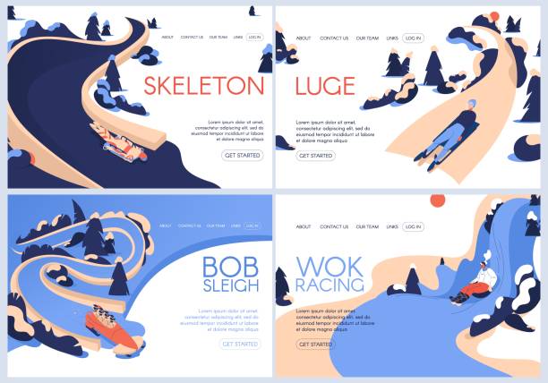 vector landing pages set für rodeln, skeletonsport, bob- und wokrennen. winteraktivitäten und frauentraining - bobfahren stock-grafiken, -clipart, -cartoons und -symbole