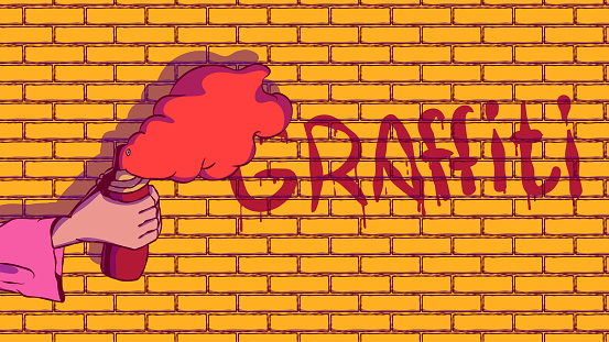 Cartoon vector banner illustration - Hand holding a spray can of paint against a brick wall.