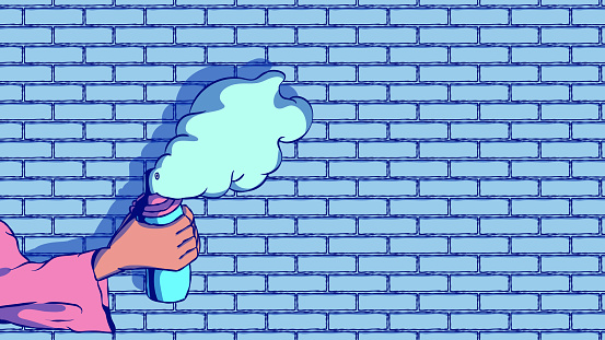 Cartoon vector banner illustration - Hand holding a spray can of paint against a brick wall.