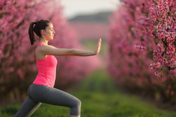 woman practicing tai chi exercise in a field at sunset - posture women side view yoga imagens e fotografias de stock