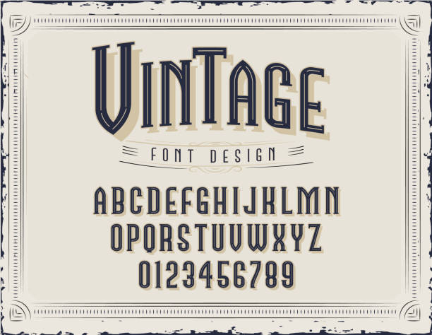 Vector illustration of an Vintage Font Design capital letter and number text alphabet set. Elegant font for party invitation designs. Includes all capital letters of the alphabet and numbers. Individually grouped for easy editing and customization. Includes border elements. Download features vector EPS and high resolution jpg download.