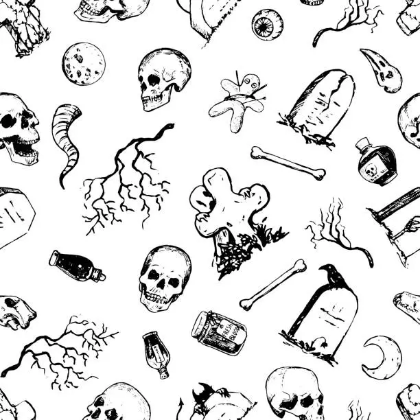 Vector illustration of Human skulls, tombstones, ghosts, bones. Hand drawn vector seamless pattern. Spooky engraving ornament. Halloween outline design for background, wallpaper, print, wrap, textile, fabric, decor, card.