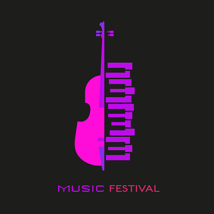 Violoncello piano hand drawn flat colorful music vector icon. Violin piano keyboard silhouette design element. Vintage musical instrument emblem template. Advertising event background illustration