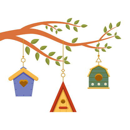 Wooden multi-colored birdhouses hang on tree branch isolated on white background. Birdhouse, bird feeder of various shapes. Crafts made of wood,nails. Nature protection. Cartoon. Vector illustration