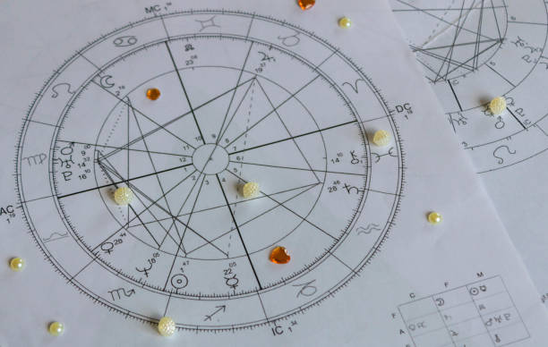 Printed astrology charts with orange and white sequins Astrology charts with decorative sequins astrology stock pictures, royalty-free photos & images