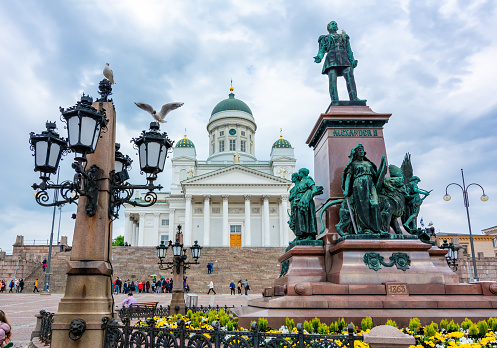 Helsinki Cathedral and Alexander II monument on Senate Square, Finland
