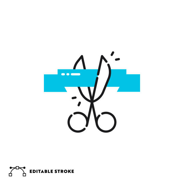 ilustrações de stock, clip art, desenhos animados e ícones de ribbon cutting flat lineal icon with editable stroke - business opening beginnings ribbon cutting