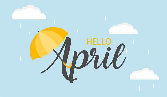 Hello April vector background. Cute lettering banner with clouds and umbrella illustration. April showers.