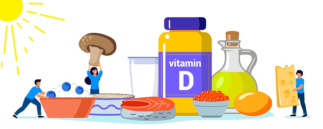 Vitamin D vector illustration Healthy eating and diet Different food rich of vitamin d Organic liver oil supplement and skin synthesis Dietetic organic nutrition Food supplement and health care concept