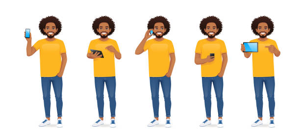 Young african man with phone Young african man in casual outfit with gadgets phone and tablet set isolated vector illustration afro man stock illustrations