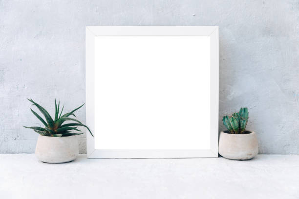 istock Minimal Mock up white frame with ceramic cactus plants in pots on a shelf or desk. White shelf and wall. 1309987773