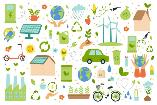 ilustraciones, imágenes clip art, dibujos animados e iconos de stock de conjunto de estilo de vida respetuoso con el medio ambiente, protección del medio ambiente, energía alternativa, cuidado con la naturaleza. - recycling environment recycling symbol environmental conservation