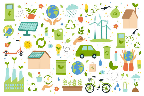 환경 친화적 인 라�이프 스타일, 환경 보호, 대체 에너지, 자연에 대한 관심의 세트. - recycling environment recycling symbol green stock illustrations