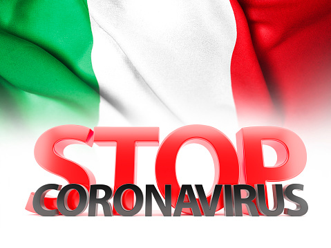 COVID-19 Coronavirus Stop Text against Flag of Italy. 3D Render