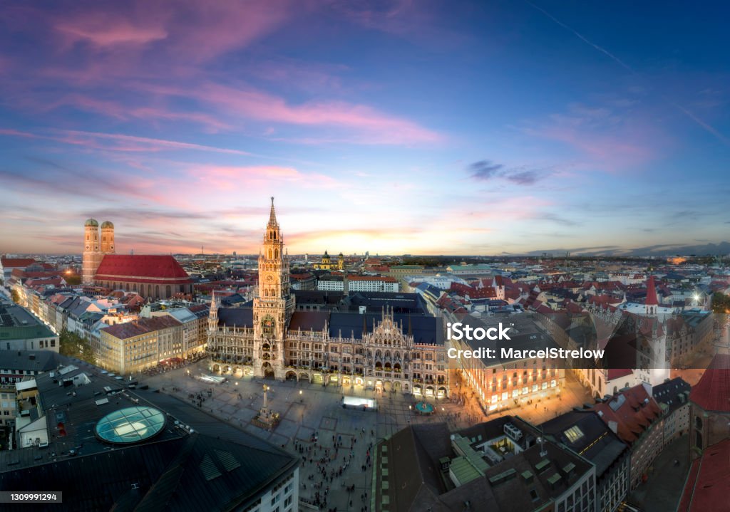 Aerial view of beautiful Munich Old Town at sunset Munich Stock Photo