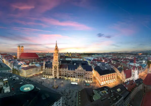 Aerial view of beautiful Munich Old Town at sunset