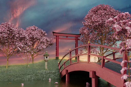 3d rendering of japanese shinto shrine surrounden by japanese cherry trees