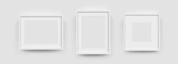Vector illustration of Photo picture frames on wall, vector white mockups or empty posters. Empty photo frames mockups for pictures or photograph, realistic 3D blank templates