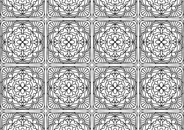 Vector illustration of tile with flowers and ornaments in folk style drawn on a white background for coloring