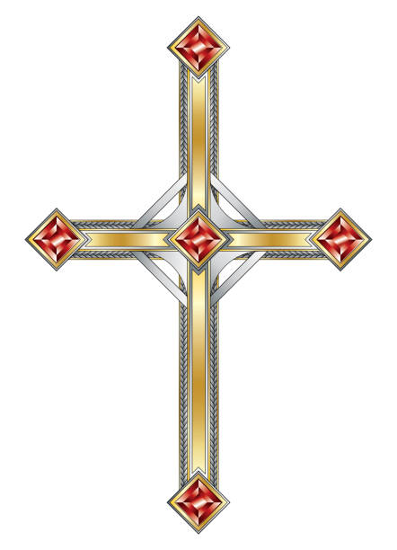 ilustraciones, imágenes clip art, dibujos animados e iconos de stock de cruz católica de plata y oro con rubíes al estilo de los tatuajes americanos de la vieja escuela - cross cross shape shiny gold